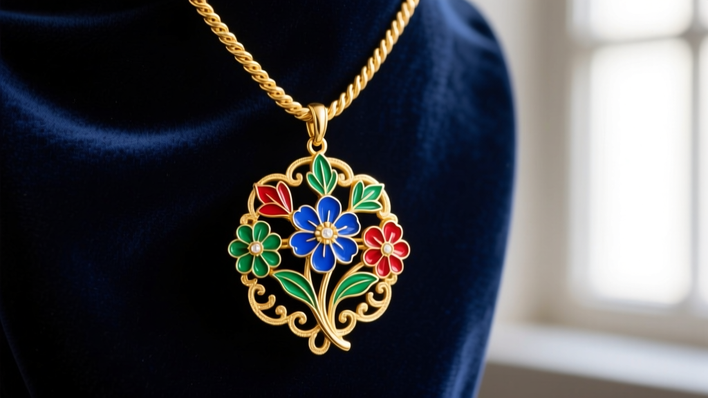 Vintage gold enamel floral brooch converted to a pendant on a thick 14k gold rope chain against dark velvet backdrop