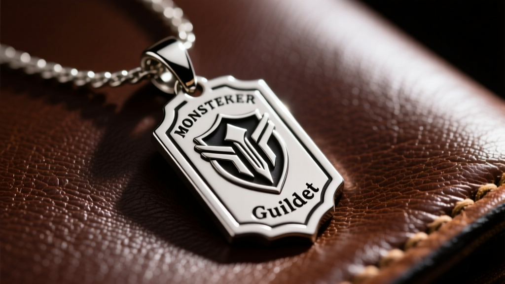 Close-up of a polished 316L stainless steel pendant shaped like a Monster Hunter Guild Ticket resting on dark leather.
