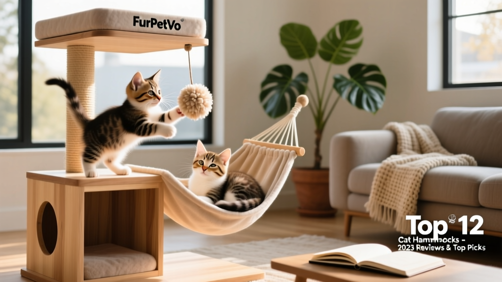 Two kittens playing near the FurPetVo Miguel cat tree—one batting at a pom-pom toy, another curled up in the open condo