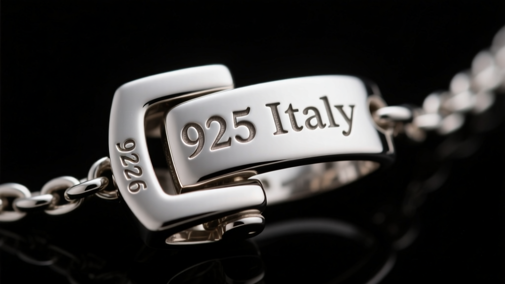 Macro shot of a 925 Italy silver necklace clasp showing tiny 925 and Italy hallmarks engraved under bright studio lighting
