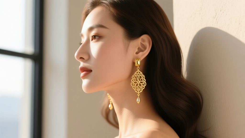 Side profile of a woman wearing elegant gold-filled leverback drop earrings, photographed in warm, natural afternoon sunlight.