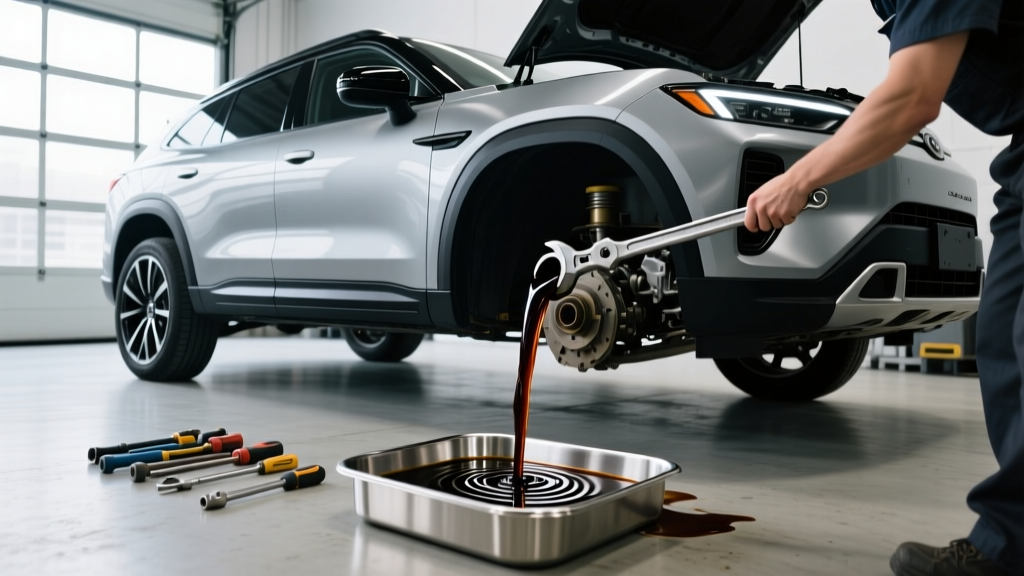 Mechanic draining dark, degraded front differential fluid from a 2025 All-Wheel Drive sport utility vehicle into a metal catch pan.