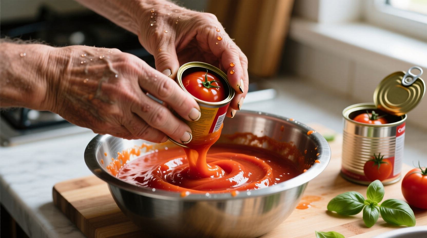 Hands blending canned tomatoes into smooth puree