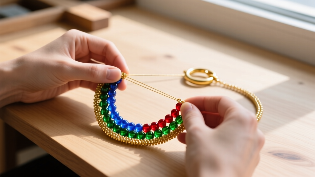 Hands weaving an 11/0 Miyuki Delica necklace in a peyote stitch, showing vibrant tones and a gold clasp on a wooden work desk.