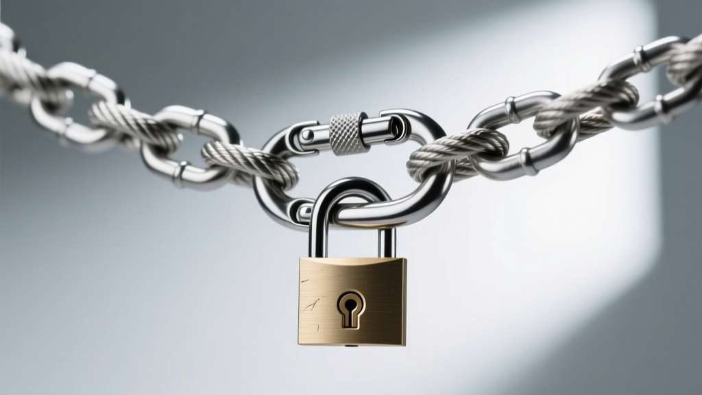 Secure locking carabiner clasp on a stainless steel rope chain, fastened tightly with a tiny steel padlock securing the metal gate