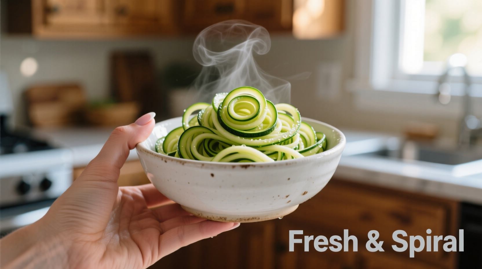 Hand holding spiralized zucchini noodles in bowl