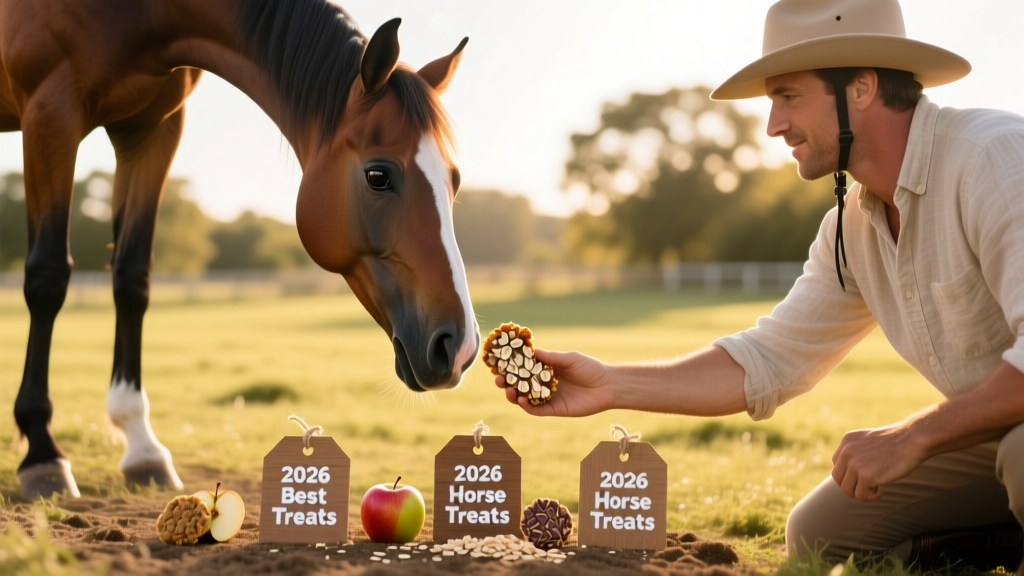 A rider offering a treat to a calm, attentive horse in a sunny paddock