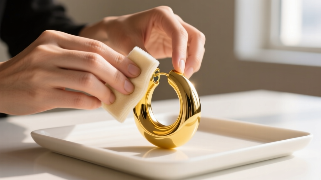 Hands using a microfiber polishing cloth to buff a large, thick yellow gold hoop earring to a mirror finish on a tray.