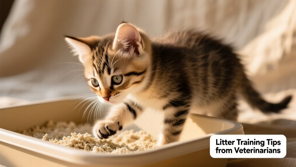 A curious 4-week-old kitten sniffing a shallow, open litter box filled with fine, unscented clumping litter