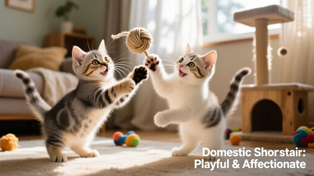 Two Domestic Shorthair kittens playing together with a soft toy, showing curiosity and joyful energy