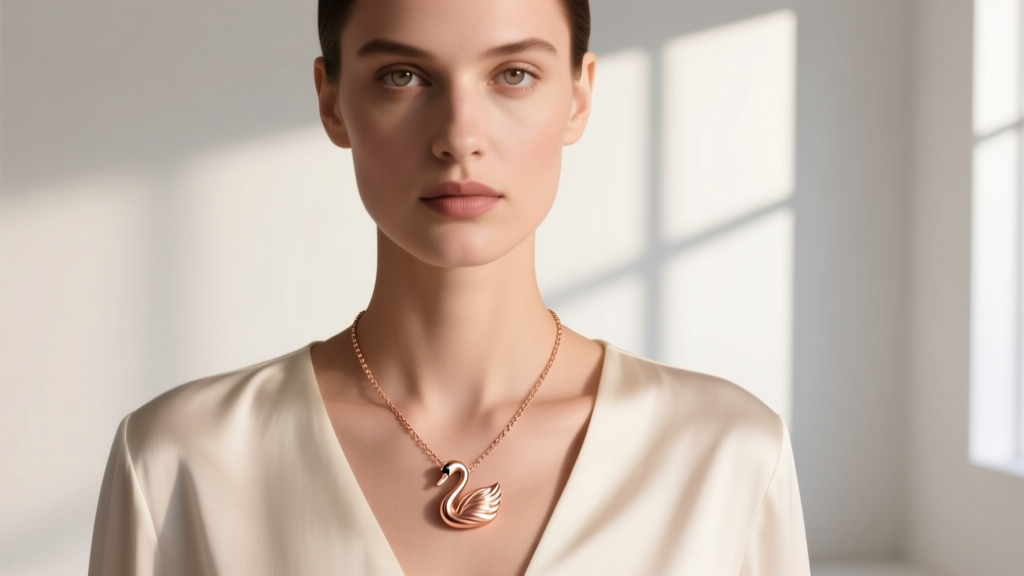 Model wearing a rose gold swan necklace on a 16-inch chain, pendant resting at the collarbone under soft natural window lighting