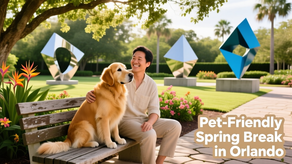 A golden retriever sitting calmly beside its owner on a shaded bench overlooking a public sculpture garden with modern art installations