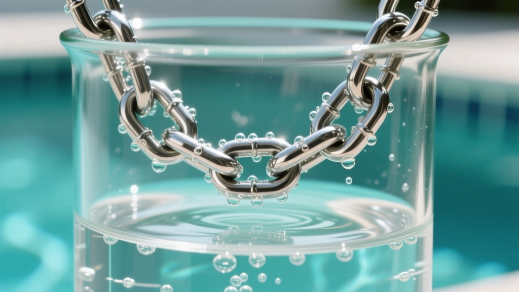 Steel rope chain submerged in a glass beaker of chlorinated pool water, showing tiny micro-bubbles forming on the polished links.