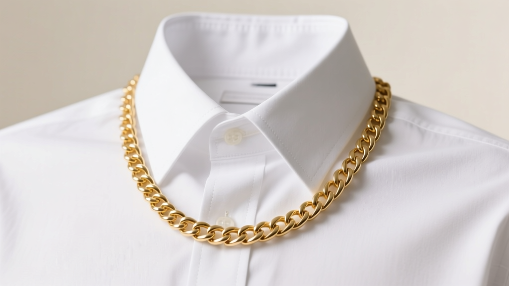 Close-up of a crisp white Oxford shirt with a minimalist 18-inch solid 14k gold box chain resting just below the open collar.