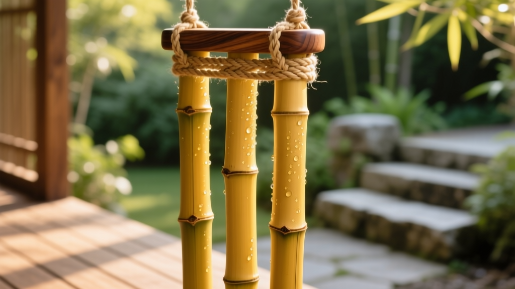 Close-up of freshly cut golden bamboo culms suspended by braided hemp cord from a walnut wood top cap, hanging on a sunny porch