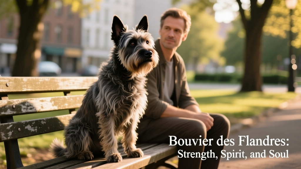 A well-groomed Bouvier des Flandres sitting attentively beside its owner on a park bench