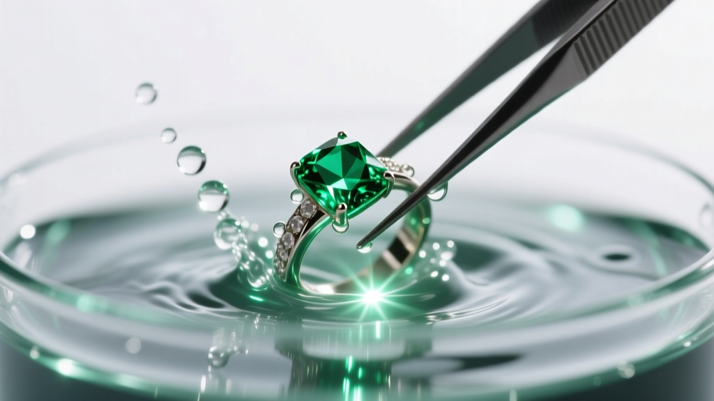 Macro shot of tweezers holding a submerged emerald ring inside a bubbling ultrasonic cleaning tank under bright LED lights.