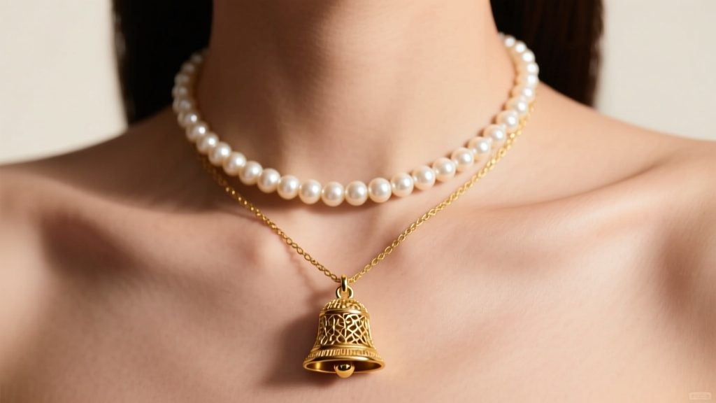 Woman wearing a delicate 18-inch gold vermeil liberty bell necklace layered with a simple pearl choker, collarbone close-up.