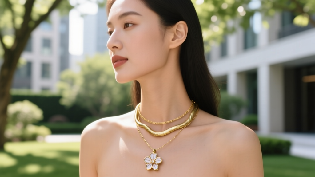 Woman wearing layered necklaces with a delicate floral pendant on a cable chain paired with a minimal gold snake chain outdoors