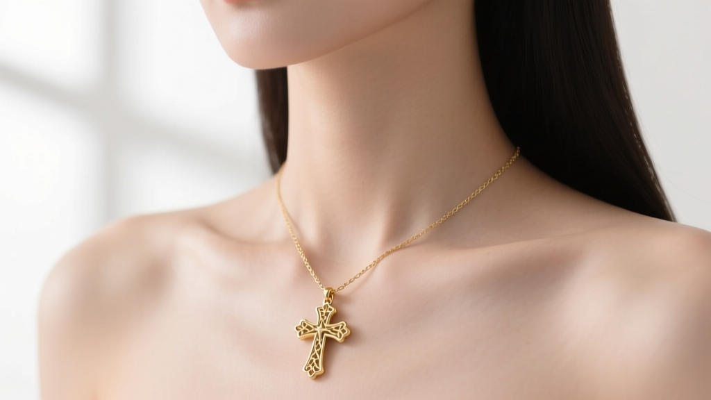 Delicate 14k solid gold mini cross necklace resting on a model's collarbone, soft natural sunlight, minimalist aesthetic jewelry