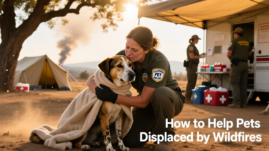 Volunteers gently wrapping a rescued dog in a blanket at a mobile triage station