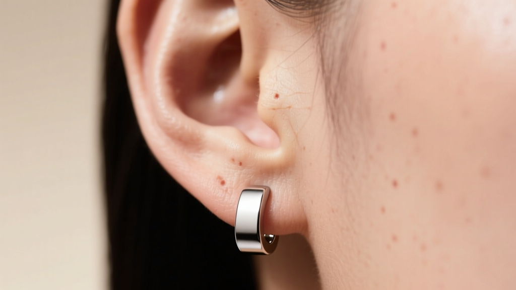 Macro shot of a left ear lobe piercing wearing a titanium flat back earring, showing healthy skin texture and clear metal details.