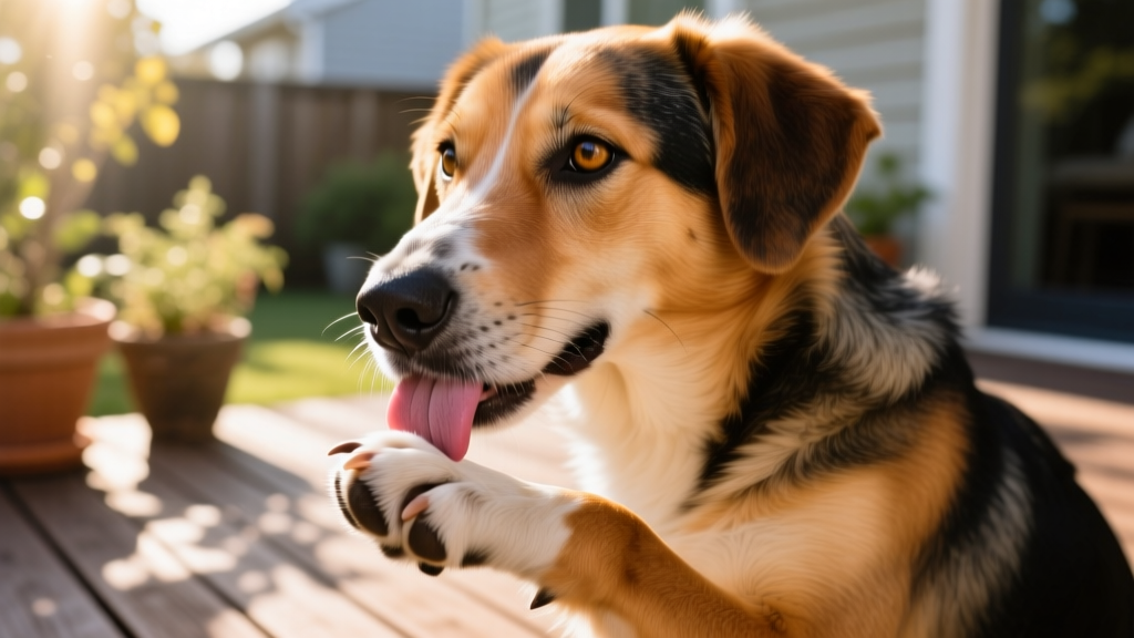 Close-up of a healthy dog licking its paw, illustrating normal skin and coat condition