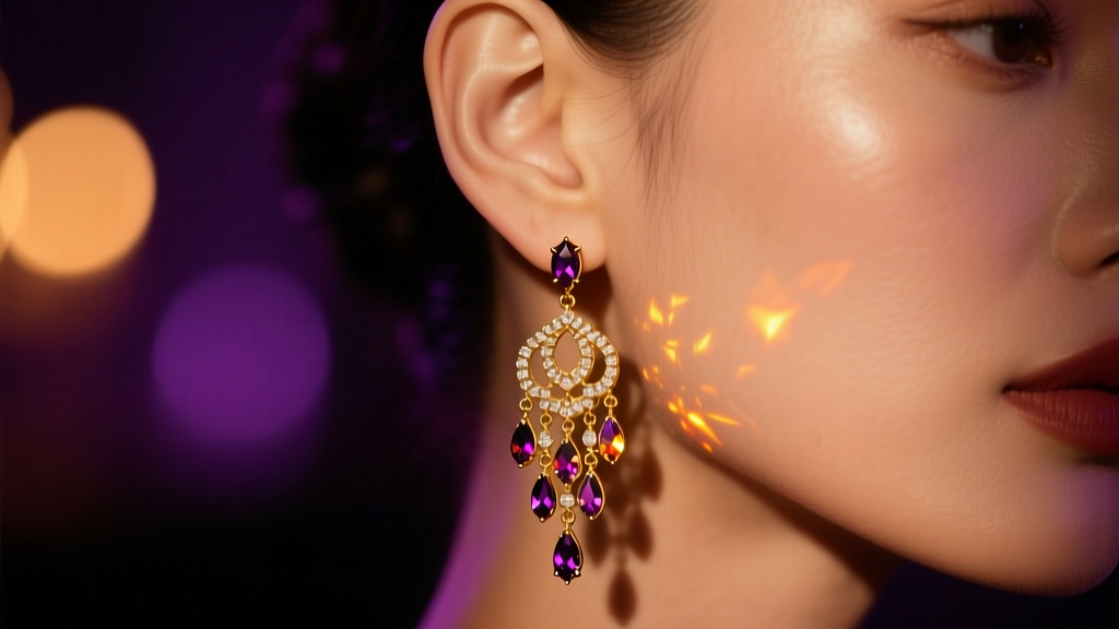 Close-up of a womans ear featuring a cascading 18k gold vermeil chandelier earring catching dim moody party lighting with bokeh