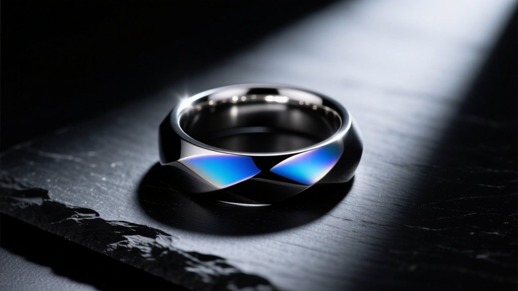 Polished niobium 12-gauge segment ring on black slate, lit by a dramatic spotlight reflecting off the smooth, curved metal surface