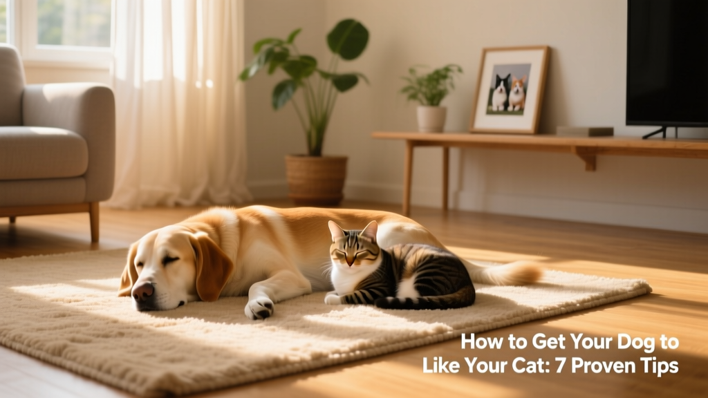 A calm dog and cat resting side by side in a sunlit living room, both relaxed and at ease