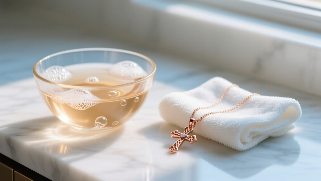 Glass bowl of warm soapy water beside a microfiber cloth and a delicate 14k rose gold cross pendant on a white marble countertop