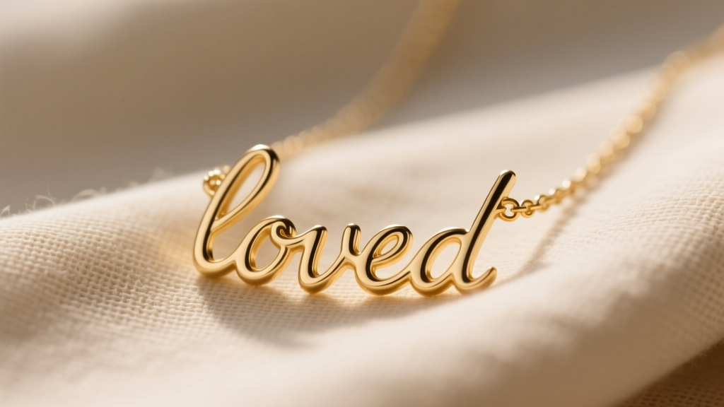 Macro shot of a 14k gold loved script necklace on beige linen, soft light highlighting the cursive loops and polished finish.