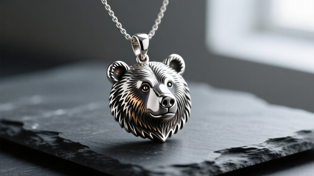 Sterling silver brother bear necklace pendant on dark slate, showing detailed carved fur textures and a rich oxidized patina finish.