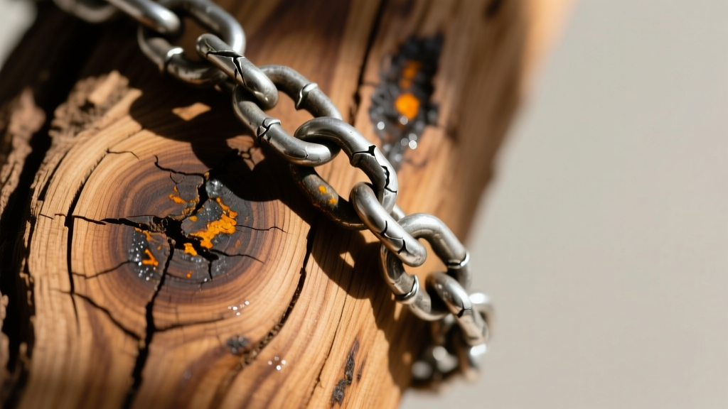 Close-up of raw unsealed oak wood grain beside a tarnished sterling silver chain, showing moisture and sulfur damage effects.