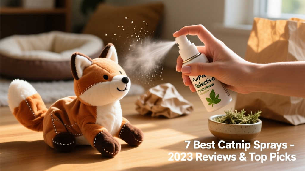 Hand spraying FurPetVo Selective Harvest Catnip Spray onto a plush cat toy