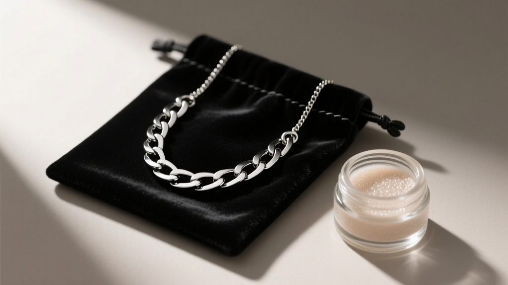 Black PVD-coated steel chain necklace stored inside a soft microfiber pouch next to a small jar of gentle jewelry polish