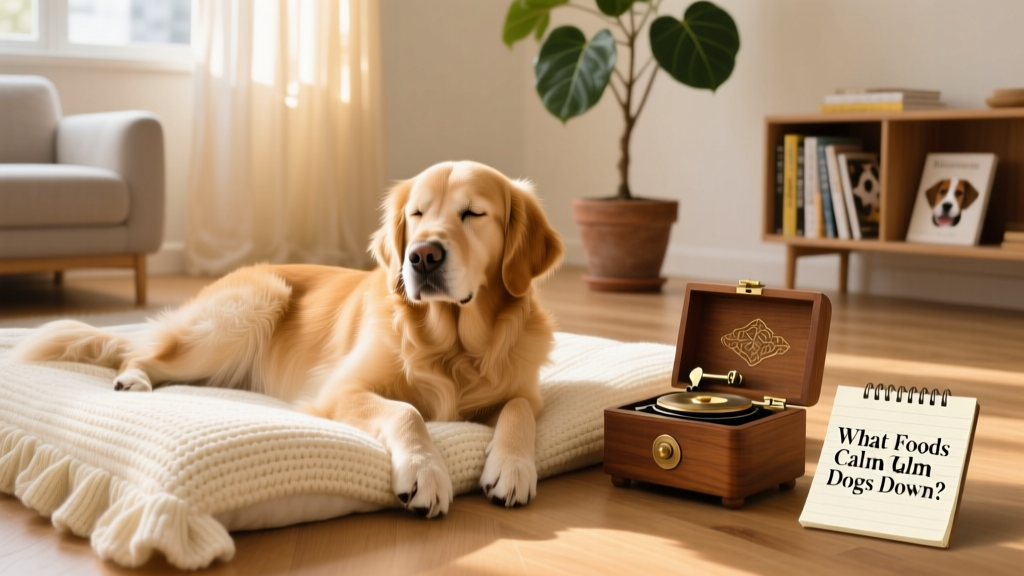 A relaxed dog lying on a cozy bed while soft classical music plays nearby
