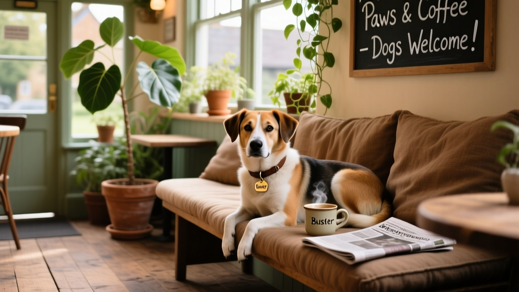 A relaxed dog lounging on a cushioned bench inside a bright, plant-filled coffee shop