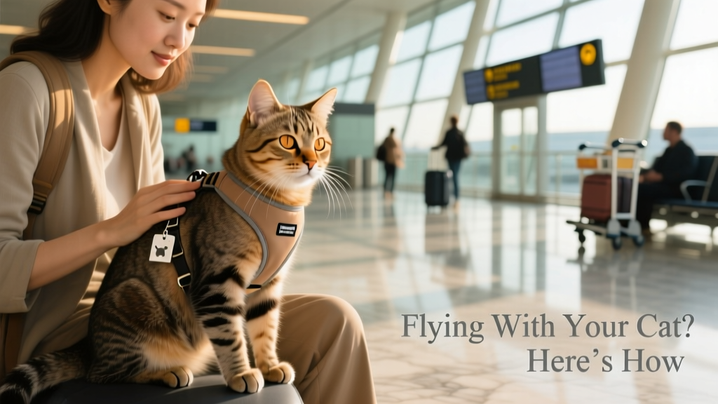 A cat calmly sitting beside its owner in an airport terminal, wearing a lightweight harness