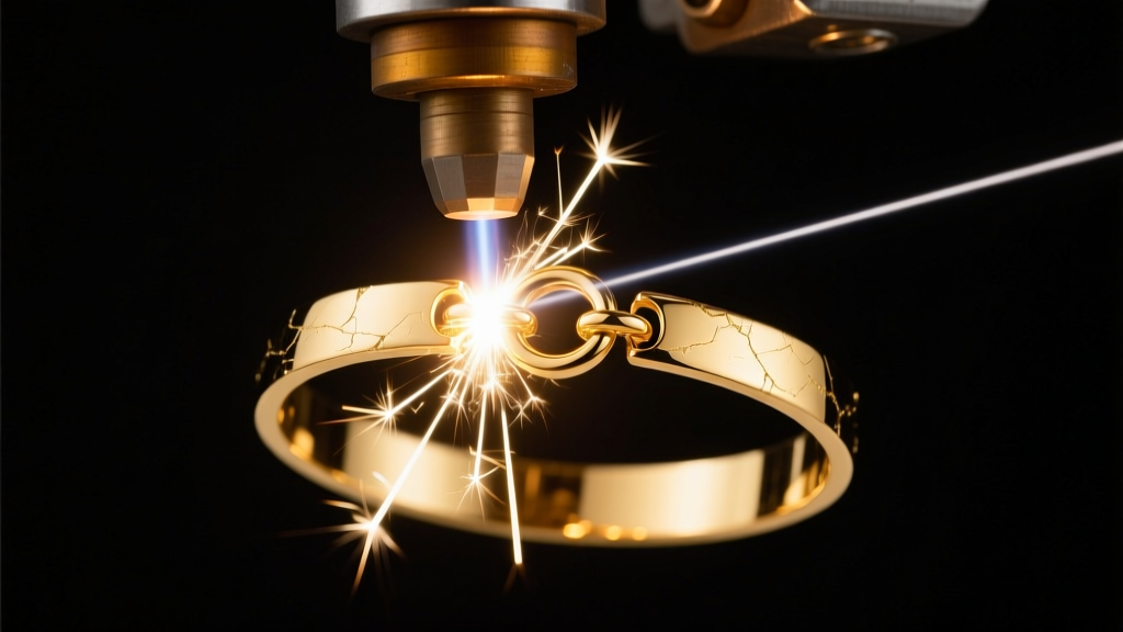 Laser welder fusing a 14k gold permanent bracelet jump ring, capturing a bright spark against a dark studio background.