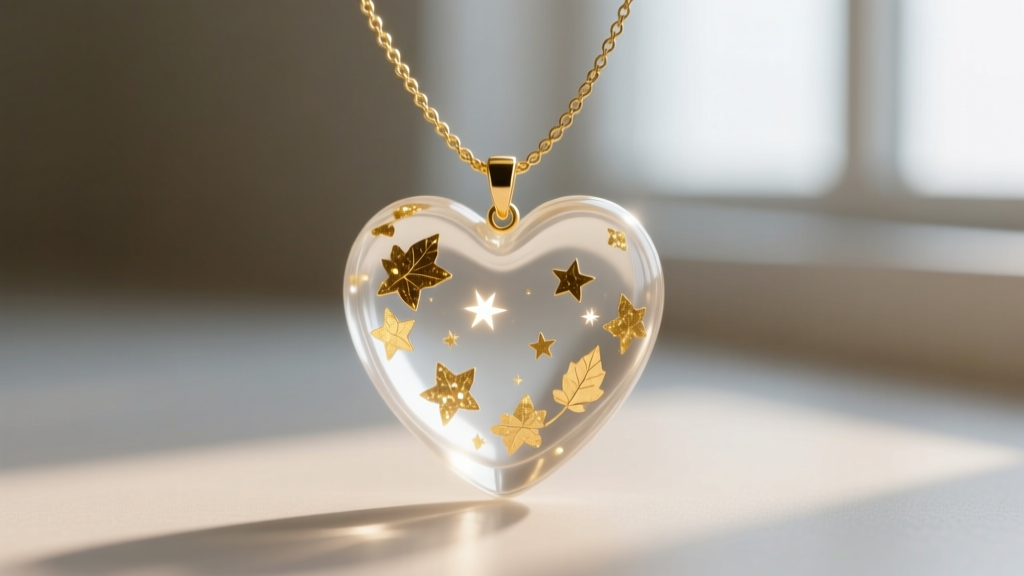 Macro shot of a cast resin heart necklace with embedded gold leaf flakes, hanging from a delicate 1.2mm gold cable chain.