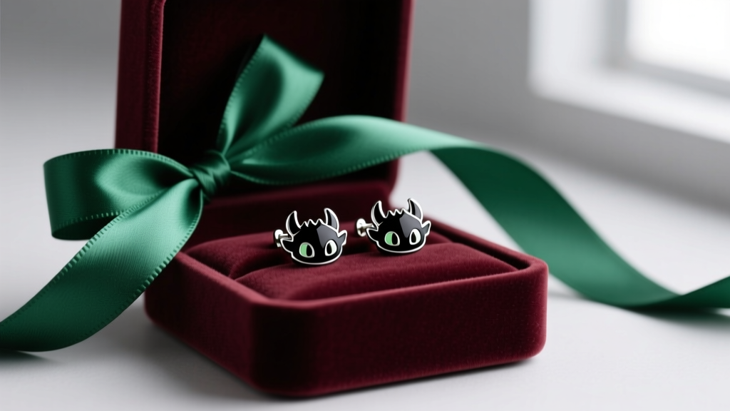 Black enamel and silver Toothless Night Fury stud earrings resting in an open dark velvet gift box tied with a green satin ribbon