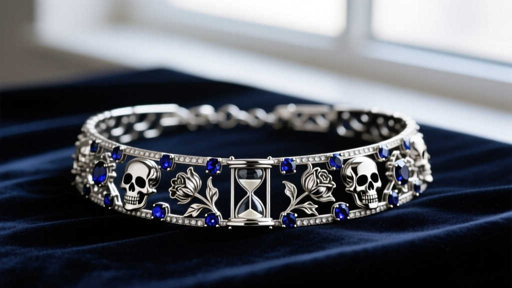 Close-up of a 1990s rhodium-plated statement choker featuring dark sapphire crystals and intricate memento mori motifs on velvet