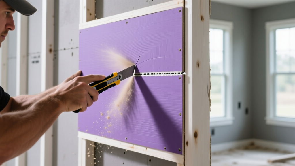 Contractor scoring purple-faced Gold Bond SoundBreak XP gypsum board with a utility knife on a framed residential wall