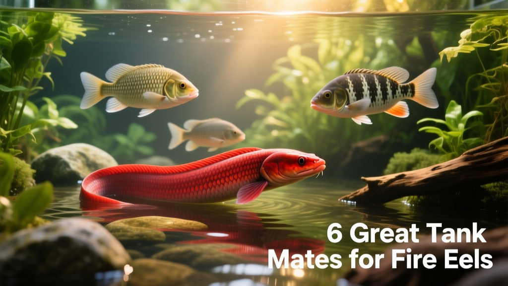 A mature Fire Eel gliding peacefully beside several large, calm fish in a planted freshwater aquarium