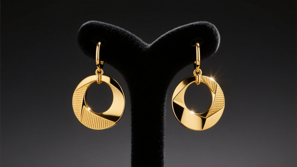 Close-up of polished 14k yellow gold disc drop earrings hanging from a velvet display bust, catching warm studio lighting.