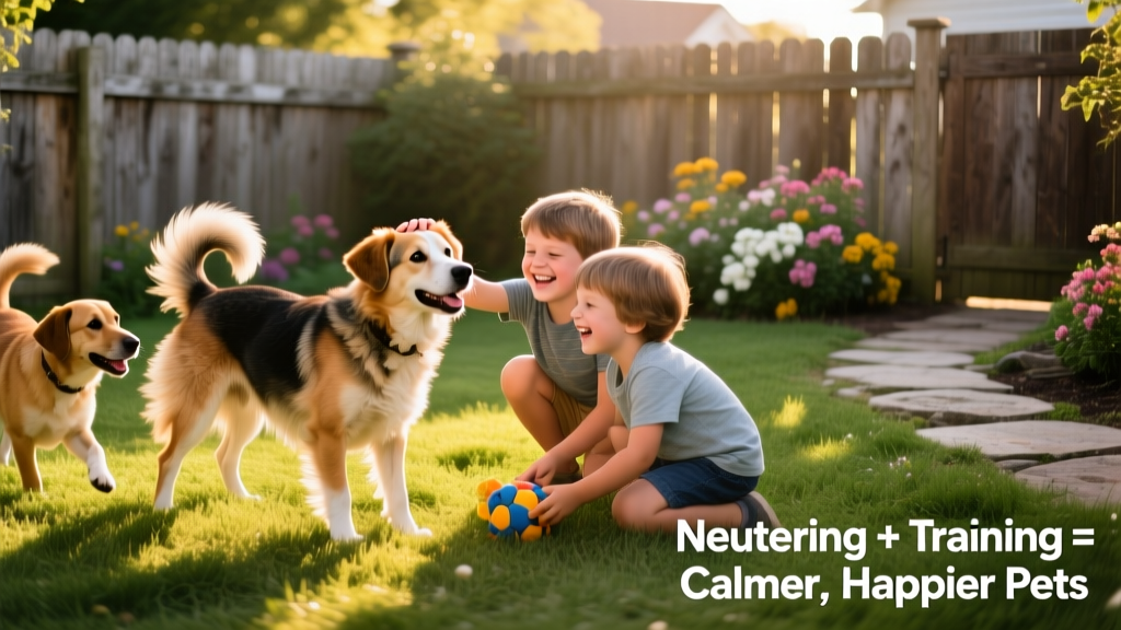 Happy, balanced mixed-breed dog playing peacefully with children and another dog in a fenced backyard—symbolizing the harmony possible after thoughtful, holistic care including neutering, training, and veterinary guidance