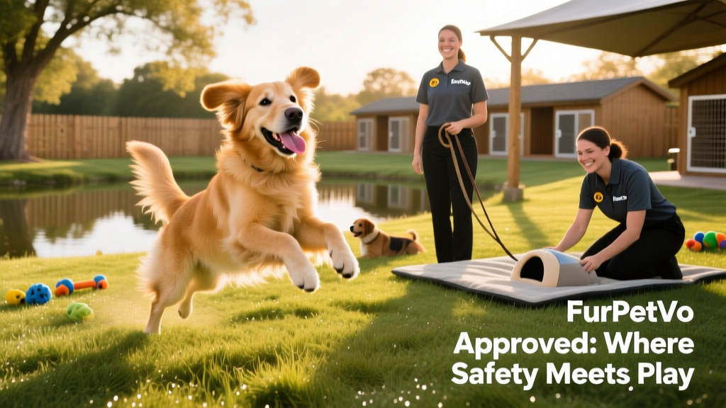 A happy dog enjoying outdoor playtime at a FurPetVo-approved boarding resort with trained staff nearby