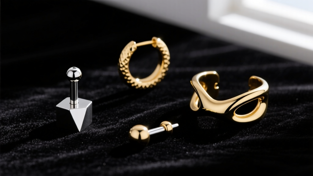 Flat lay of ear jewelry including 16-gauge titanium labret studs, 18-gauge gold hoops, and ear cuffs on dark velvet background