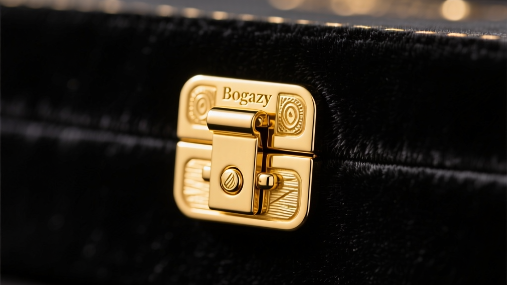 Macro shot of an 18k yellow gold Bogazy fine jewelry box clasp with safety latch on a dark velvet jeweler's inspection pad.